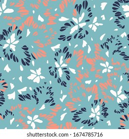 Abstract floral seamless pattern made of leaves, petals, buds, botanical elements. Trendy flat graphic. Meadow flowers. Illusion of wings of butterfly, bird or insect. Simple summer ornament.