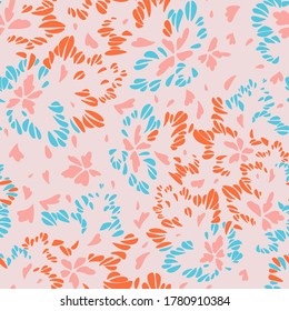 Abstract floral seamless pattern made of leaves, petals, buds, botanical elements. Trendy flat graphic. Meadow flowers. Illusion of wings of butterfly, bird or insect. Simple summer ornament.