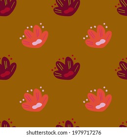 Abstract floral seamless pattern with maroon and pink flowers naive ornament. Mustard background. Designed for fabric design, textile print, wrapping, cover. Vector illustration.