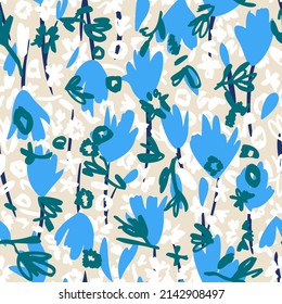 Abstract floral seamless pattern with meadow flowers. Simple flat doodle drawing. Tulip flowers overlay on daisy background. Bright summer botanical print. Nature motif in modern style.