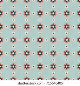Abstract floral seamless pattern in mid-century modern colors, vector illustration with texture