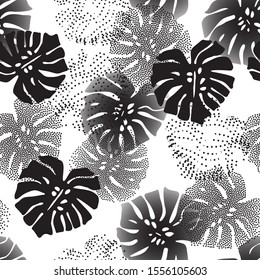 Abstract floral seamless pattern of monstera leaves. Monochrome tropical gradient and dotted leaves with optical distorted half tone background. Unusual Black and white illustration