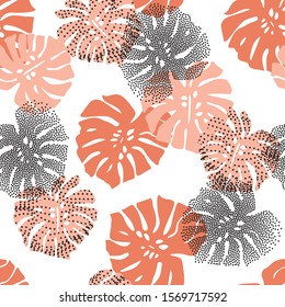 Abstract floral seamless pattern of monstera leaves. Hand drawn tropical silhouettes monstera dotted leaves with optical distorted half tone background. Unusual tropical illustration