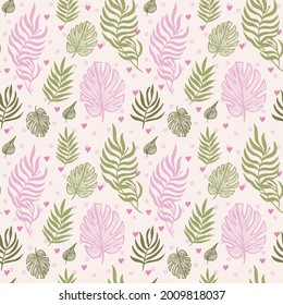 Abstract floral seamless pattern of monstera leaves. Monochrome tropical leaves. Pink and green color.