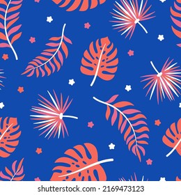 Abstract floral seamless pattern. Monstera, tropical leaf and flowers simple cloth print. Bright trendy fashion vector background