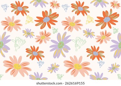 
Abstract floral seamless pattern motley ornament. Colorful  flower artwork print for all. Fun colors design. Natural floral patterns, gift wrap, background, textile 
