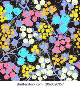 Abstract floral seamless pattern. Multicolored hand drawn vector illustration. Acid colored psychedelic flowers