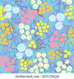 Abstract floral seamless pattern. Multicolored hand drawn vector illustration. Acid colored psychedelic flowers