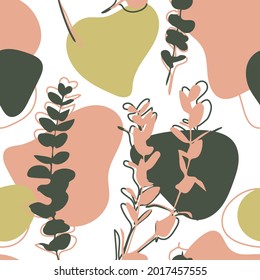abstract floral seamless pattern in natural shades. background with spots and plants trending earth colors. Pink green template