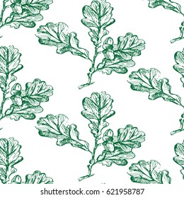 Abstract floral seamless pattern with oak branches in minimalistic hand drawn natural style vector illustration