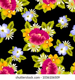 abstract floral seamless pattern on black background. For your design of postcards, greeting cards, invitations for birthday, wedding, party, Valentine's day. Vector illustration.
