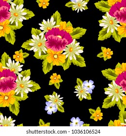 abstract floral seamless pattern on black background. For your design of postcards, greeting cards, invitations for birthday, wedding, party, Valentine's day. Vector illustration.