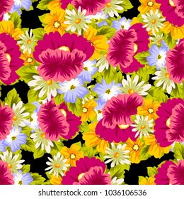abstract floral seamless pattern on black background. For your design of postcards, greeting cards, invitations for birthday, wedding, party, Valentine's day. Vector illustration.