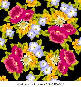 abstract floral seamless pattern on black background. For your design of postcards, greeting cards, invitations for birthday, wedding, party, Valentine's day. Vector illustration.