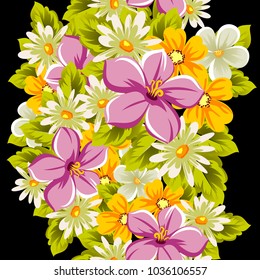 abstract floral seamless pattern on black background. For your design of postcards, greeting cards, invitations for birthday, wedding, party, Valentine's day. Vector illustration.