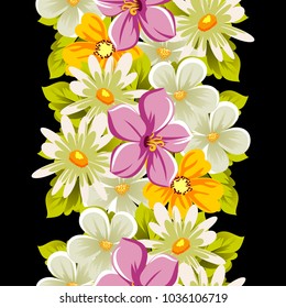 abstract floral seamless pattern on black background. For your design of postcards, greeting cards, invitations for birthday, wedding, party, Valentine's day. Vector illustration.