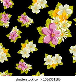 abstract floral seamless pattern on black background. For your design of postcards, greeting cards, invitations for birthday, wedding, party, Valentine's day. Vector illustration.