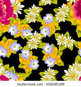 abstract floral seamless pattern on black background. For your design of postcards, greeting cards, invitations for birthday, wedding, party, Valentine's day. Vector illustration.