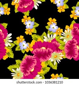 abstract floral seamless pattern on black background. For your design of postcards, greeting cards, invitations for birthday, wedding, party, Valentine's day. Vector illustration.