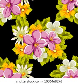 abstract floral seamless pattern on black background. For your design of postcards, greeting cards, invitations for birthday, wedding, party, Valentine's day. Vector illustration.