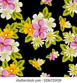 abstract floral seamless pattern on black background. For your design of postcards, greeting cards, invitations for birthday, wedding, party, Valentine's day. Vector illustration.