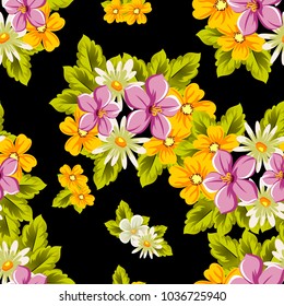 abstract floral seamless pattern on black background. For your design of postcards, greeting cards, invitations for birthday, wedding, party, Valentine's day. Vector illustration.