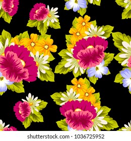 abstract floral seamless pattern on black background. For your design of postcards, greeting cards, invitations for birthday, wedding, party, Valentine's day. Vector illustration.
