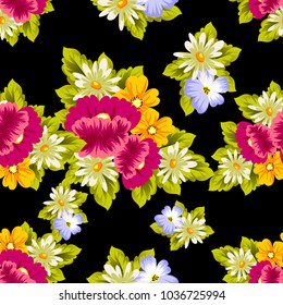 abstract floral seamless pattern on black background. For your design of postcards, greeting cards, invitations for birthday, wedding, party, Valentine's day. Vector illustration.