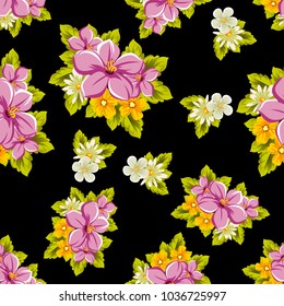 abstract floral seamless pattern on black background. For your design of postcards, greeting cards, invitations for birthday, wedding, party, Valentine's day. Vector illustration.