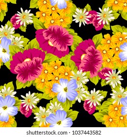 abstract floral seamless pattern on black background. For your design of postcards, greeting cards, invitations for birthday, wedding, party, Valentine's day. Vector illustration.