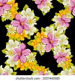 abstract floral seamless pattern on black background. For your design of postcards, greeting cards, invitations for birthday, wedding, party, Valentine's day. Vector illustration.