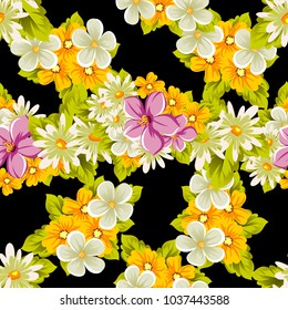 abstract floral seamless pattern on black background. For your design of postcards, greeting cards, invitations for birthday, wedding, party, Valentine's day. Vector illustration.