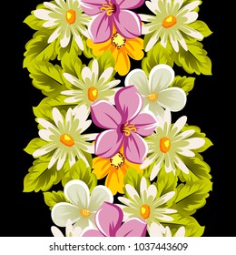 abstract floral seamless pattern on black background. For your design of postcards, greeting cards, invitations for birthday, wedding, party, Valentine's day. Vector illustration.