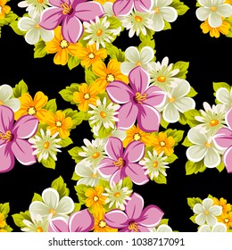 abstract floral seamless pattern on black background. For your design of postcards, greeting cards, invitations for birthday, wedding, party, Valentine's day. Vector illustration.