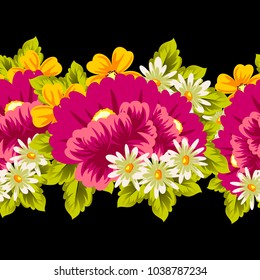abstract floral seamless pattern on black background. For your design of postcards, greeting cards, invitations for birthday, wedding, party, Valentine's day. Vector illustration.