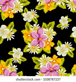 abstract floral seamless pattern on black background. For your design of postcards, greeting cards, invitations for birthday, wedding, party, Valentine's day. Vector illustration.