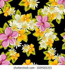 abstract floral seamless pattern on black background. For your design of postcards, greeting cards, invitations for birthday, wedding, party, Valentine's day. Vector illustration.