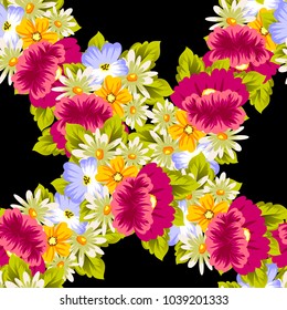 abstract floral seamless pattern on black background. For your design of postcards, greeting cards, invitations for birthday, wedding, party, Valentine's day. Vector illustration.