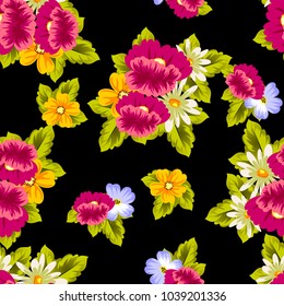 abstract floral seamless pattern on black background. For your design of postcards, greeting cards, invitations for birthday, wedding, party, Valentine's day. Vector illustration.