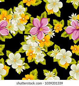 abstract floral seamless pattern on black background. For your design of postcards, greeting cards, invitations for birthday, wedding, party, Valentine's day. Vector illustration.