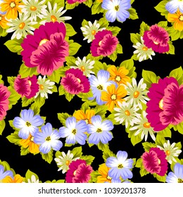 abstract floral seamless pattern on black background. For your design of postcards, greeting cards, invitations for birthday, wedding, party, Valentine's day. Vector illustration.
