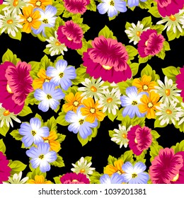 abstract floral seamless pattern on black background. For your design of postcards, greeting cards, invitations for birthday, wedding, party, Valentine's day. Vector illustration.