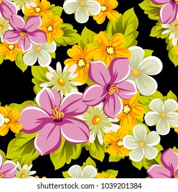 abstract floral seamless pattern on black background. For your design of postcards, greeting cards, invitations for birthday, wedding, party, Valentine's day. Vector illustration.