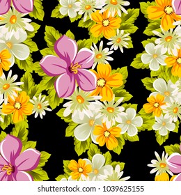 abstract floral seamless pattern on black background. For your design of postcards, greeting cards, invitations for birthday, wedding, party, Valentine's day. Vector illustration.