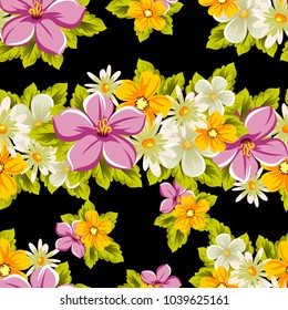 abstract floral seamless pattern on black background. For your design of postcards, greeting cards, invitations for birthday, wedding, party, Valentine's day. Vector illustration.