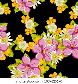 abstract floral seamless pattern on black background. For your design of postcards, greeting cards, invitations for birthday, wedding, party, Valentine's day. Vector illustration.