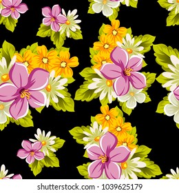 abstract floral seamless pattern on black background. For your design of postcards, greeting cards, invitations for birthday, wedding, party, Valentine's day. Vector illustration.