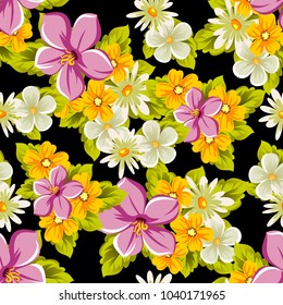 abstract floral seamless pattern on black background. For your design of postcards, greeting cards, invitations for birthday, wedding, party, Valentine's day. Vector illustration.