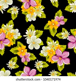 abstract floral seamless pattern on black background. For your design of postcards, greeting cards, invitations for birthday, wedding, party, Valentine's day. Vector illustration.