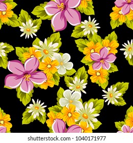 abstract floral seamless pattern on black background. For your design of postcards, greeting cards, invitations for birthday, wedding, party, Valentine's day. Vector illustration.